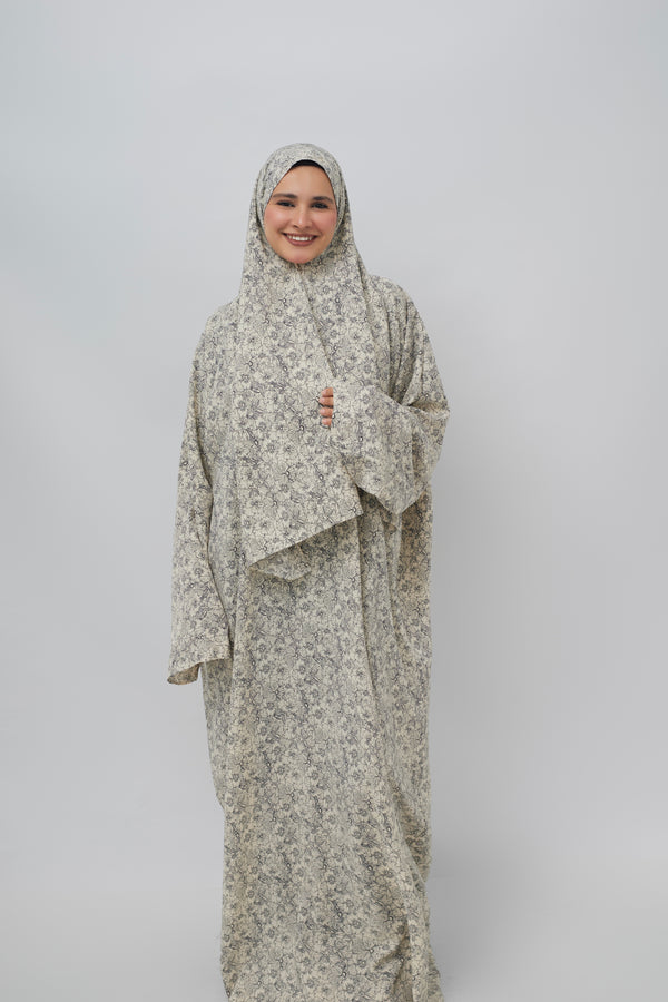 Floral Crêpe Prayer Outfit – Soft Beige with Black Floral Art