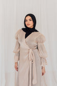 Balloon Sleeve Wrap Dress - Beige, Beige
