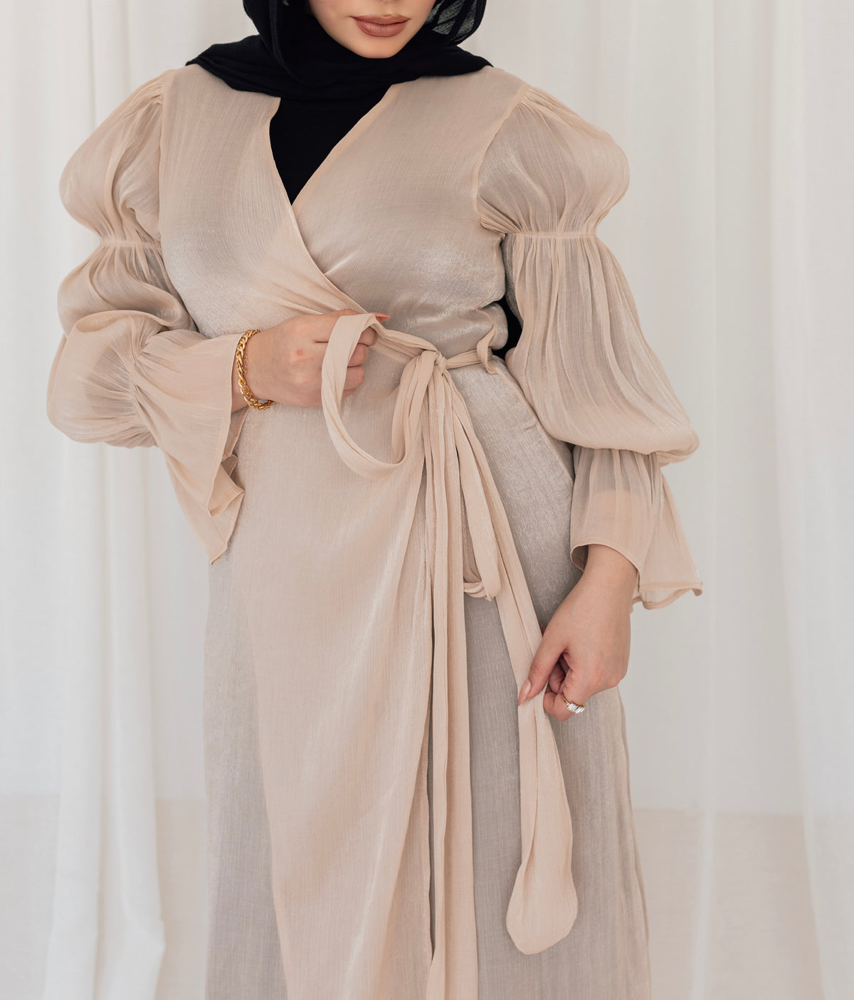 Balloon Sleeve Wrap Dress - Beige