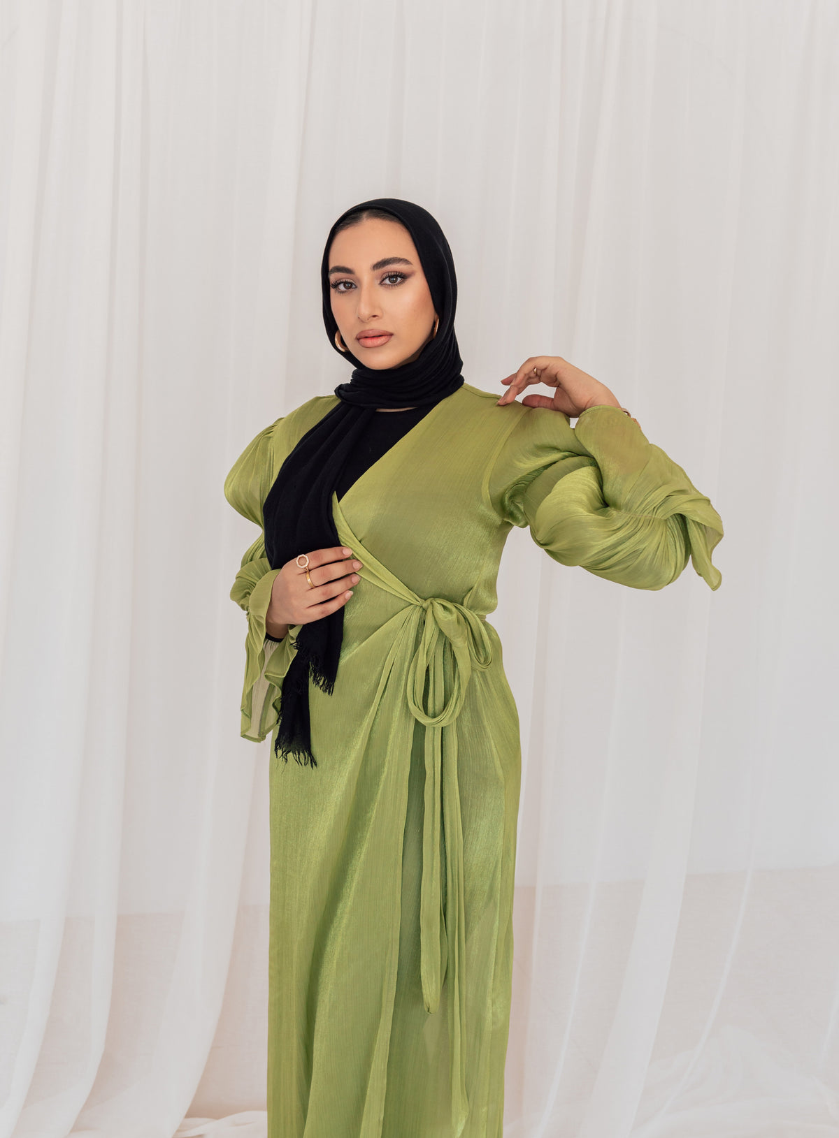 Balloon Sleeve Wrap Dress - Green