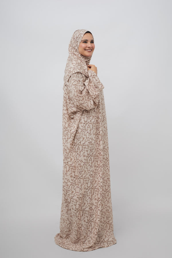 Cotton Prayer Outfit – Beige with Brown Leafy Print